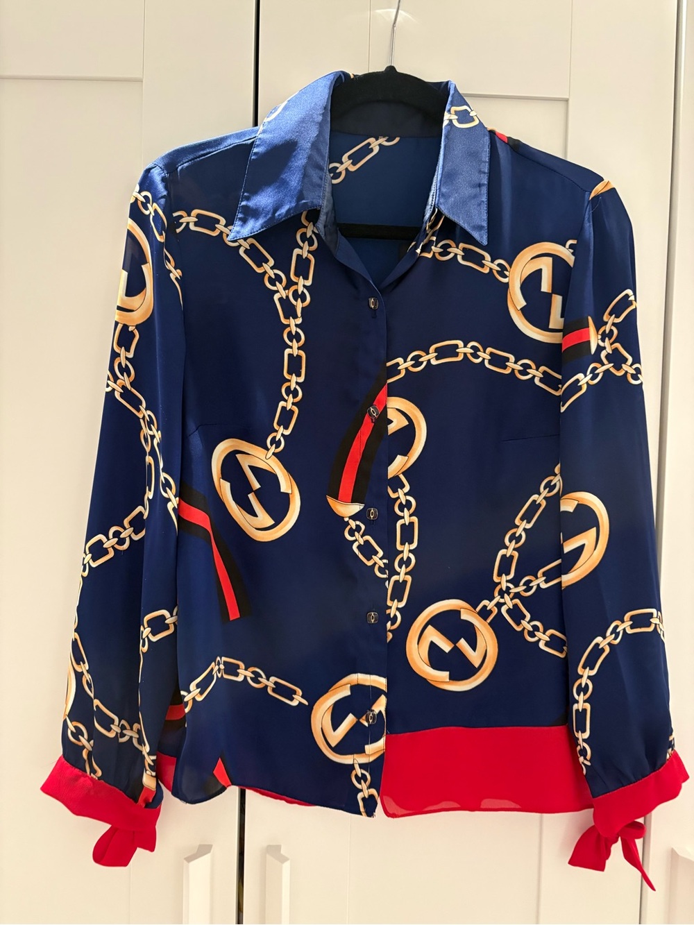 Navy Chain Print Blouse with Red Trim (custom made)